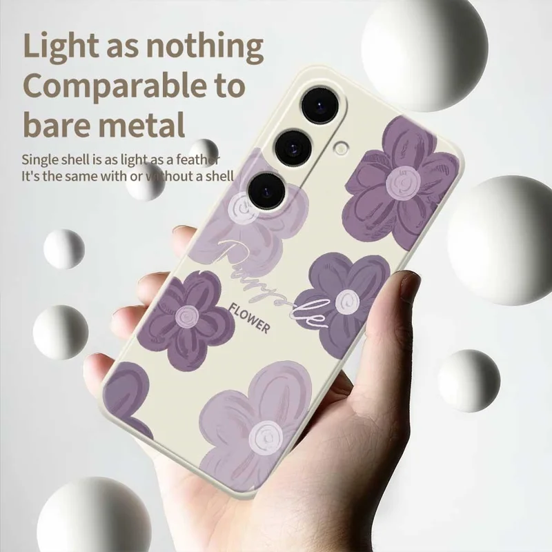 For Samsung Galaxy S26+ Case Purple Flower Pattern Printing Straight Edge TPU Phone Back Cover - Beige