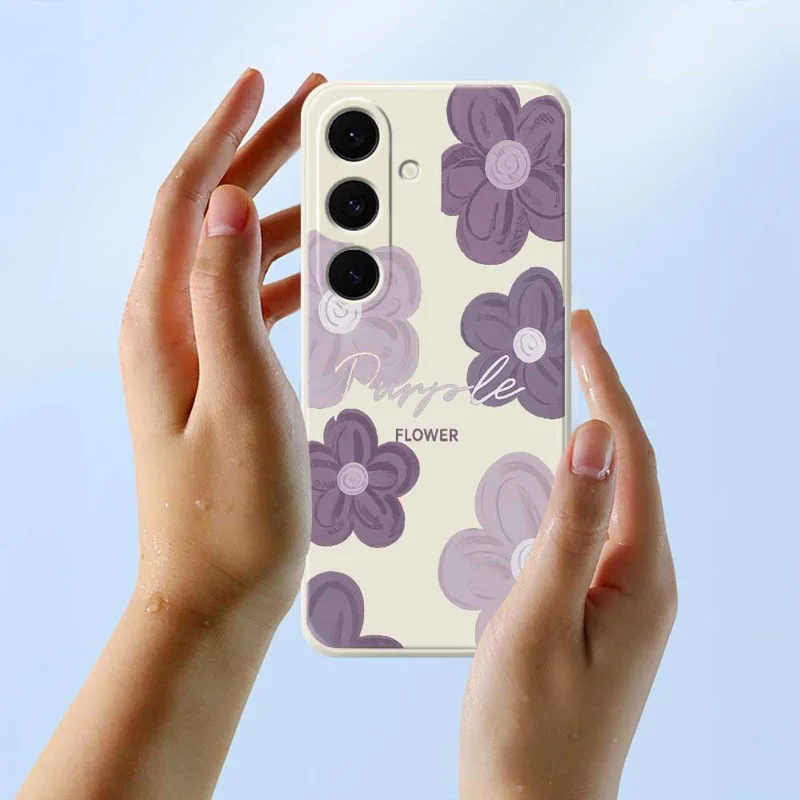 For Samsung Galaxy S26+ Case Purple Flower Pattern Printing Straight Edge TPU Phone Back Cover - Beige