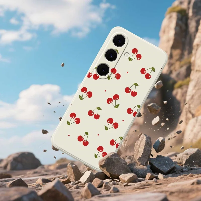 For Samsung Galaxy S26  /  S26 Pro Case Cherry Pattern Printing Straight Edge TPU Phone Back Cover - Beige