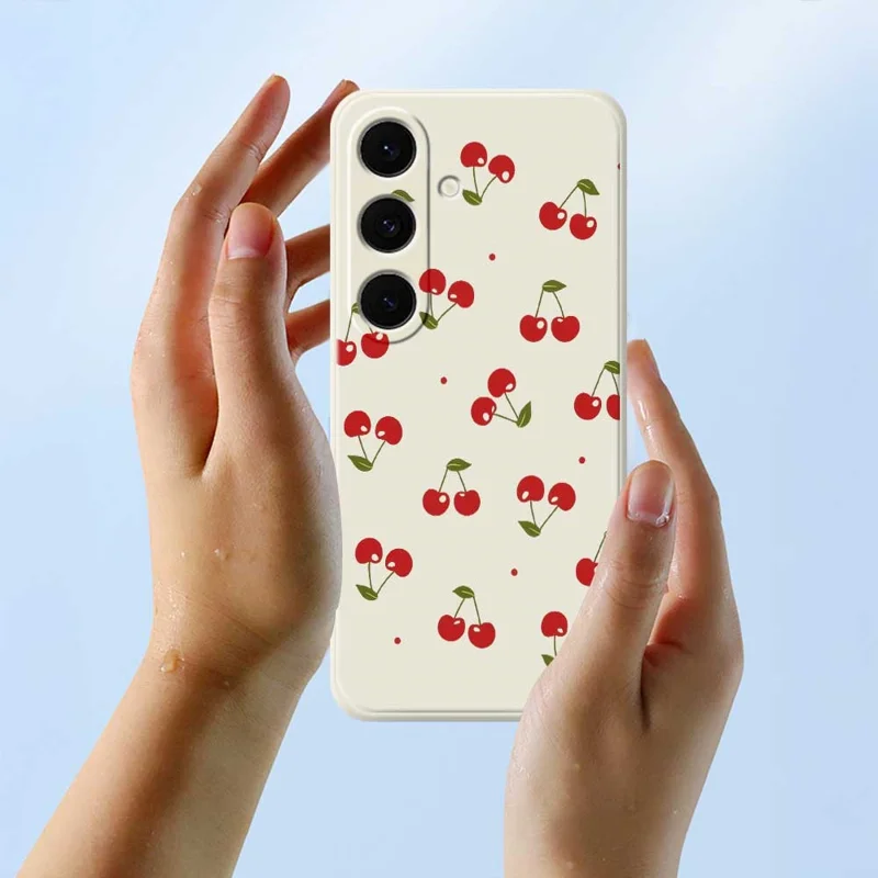For Samsung Galaxy S26+ Case Cherry Pattern Printing Straight Edge TPU Phone Back Cover - Beige