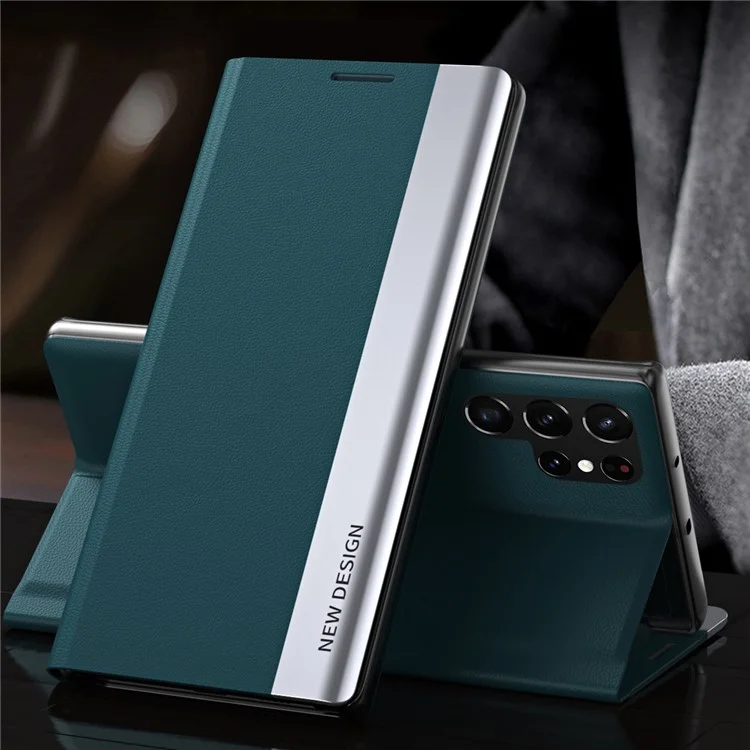 Para Samsung Galaxy S23 Ultra Funda Protectora de Teléfono con Soporte de Cuero PU con Baño Electrolítico - Verde
