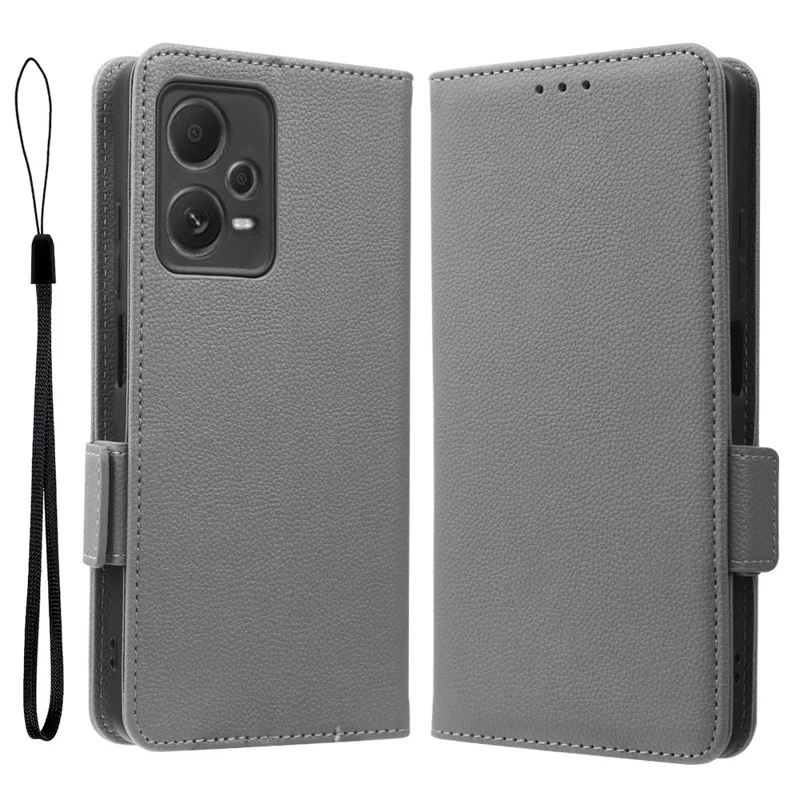 For Xiaomi Redmi Note 12 Pro+ 5G / Redmi Note 12 Explorer 5G Litchi Texture PU Leather Wallet Case Magnetic Closure Folio Stand Phone Cover with Strap - Grey