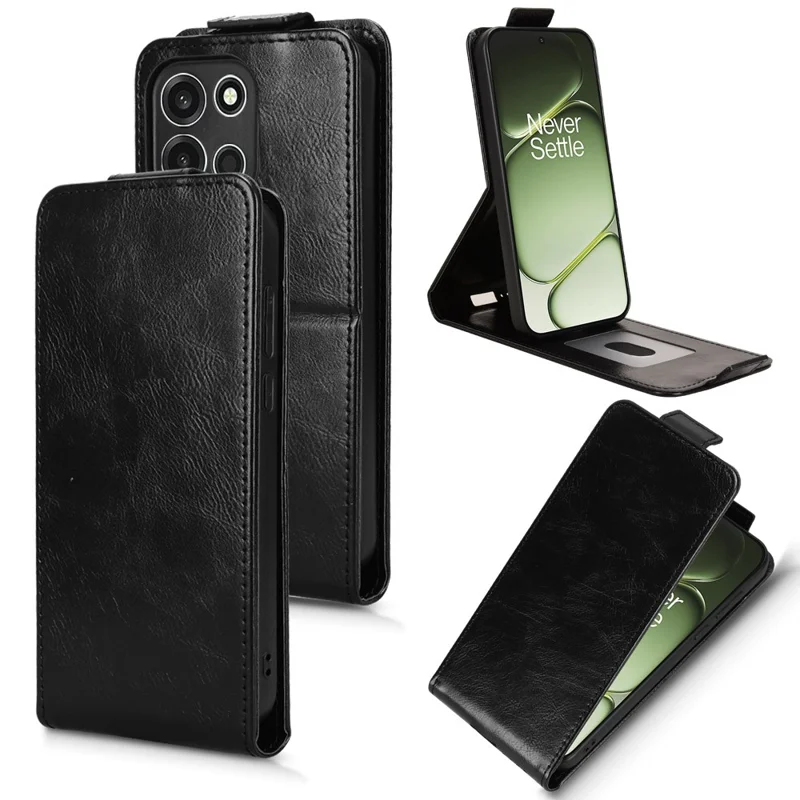 For OnePlus Turbo 6 5G Stand Case Magnetic Clasp Vertical Flip Leather Phone Cover with Card Holder - Black