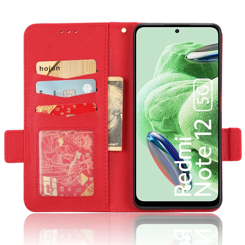 For Xiaomi Redmi Note 12 5G (Global) / (India) / (China) / Poco X5 5G Litchi Texture PU Leather Flip Phone Case Shockproof Magnetic View Stand Wallet Cover with Strap - Red
