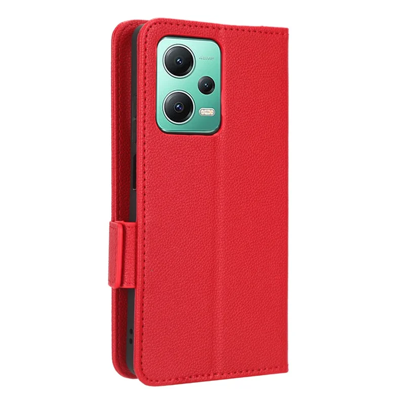 For Xiaomi Redmi Note 12 5G (Global) / (India) / (China) / Poco X5 5G Litchi Texture PU Leather Flip Phone Case Shockproof Magnetic View Stand Wallet Cover with Strap - Red