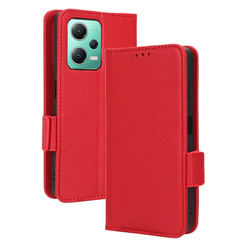 For Xiaomi Redmi Note 12 5G (Global) / (India) / (China) / Poco X5 5G Litchi Texture PU Leather Flip Phone Case Shockproof Magnetic View Stand Wallet Cover with Strap - Red