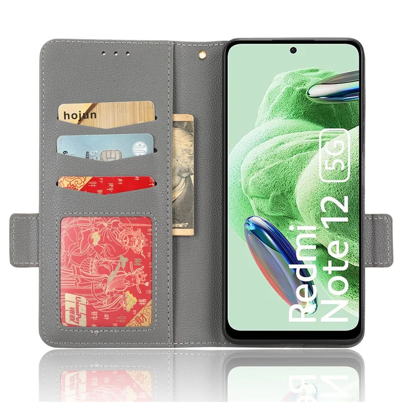 For Xiaomi Redmi Note 12 5G (Global) / (India) / (China) / Poco X5 5G Litchi Texture PU Leather Flip Phone Case Shockproof Magnetic View Stand Wallet Cover with Strap - Grey
