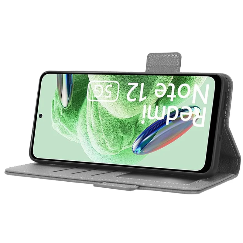 For Xiaomi Redmi Note 12 5G (Global) / (India) / (China) / Poco X5 5G Litchi Texture PU Leather Flip Phone Case Shockproof Magnetic View Stand Wallet Cover with Strap - Grey