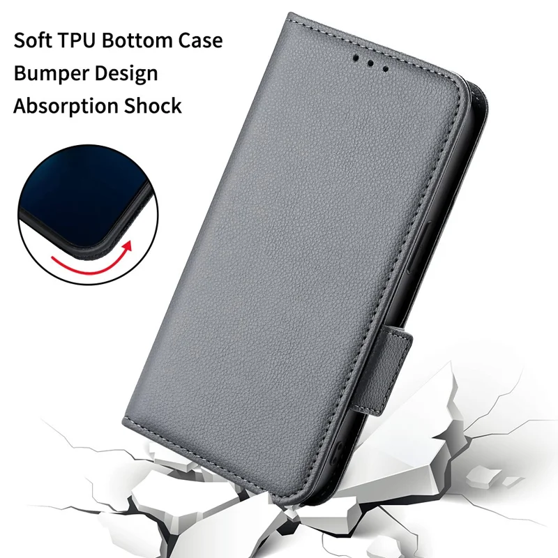 For Xiaomi Redmi Note 12 5G (Global) / (India) / (China) / Poco X5 5G Litchi Texture PU Leather Flip Phone Case Shockproof Magnetic View Stand Wallet Cover with Strap - Grey