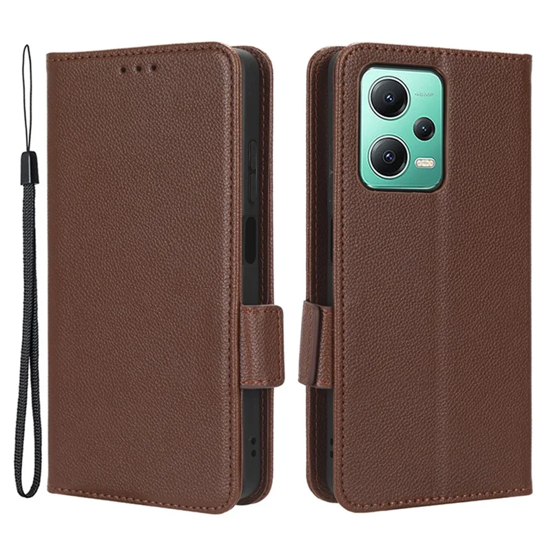 For Xiaomi Redmi Note 12 5G (Global) / (India) / (China) / Poco X5 5G Litchi Texture PU Leather Flip Phone Case Shockproof Magnetic View Stand Wallet Cover with Strap - Brown