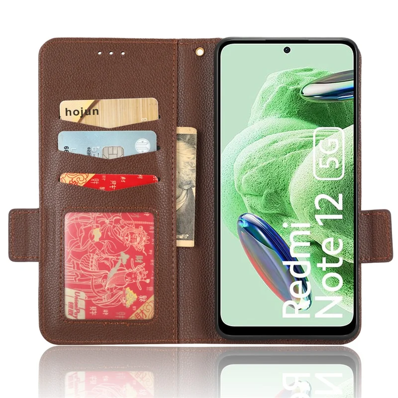 For Xiaomi Redmi Note 12 5G (Global) / (India) / (China) / Poco X5 5G Litchi Texture PU Leather Flip Phone Case Shockproof Magnetic View Stand Wallet Cover with Strap - Brown