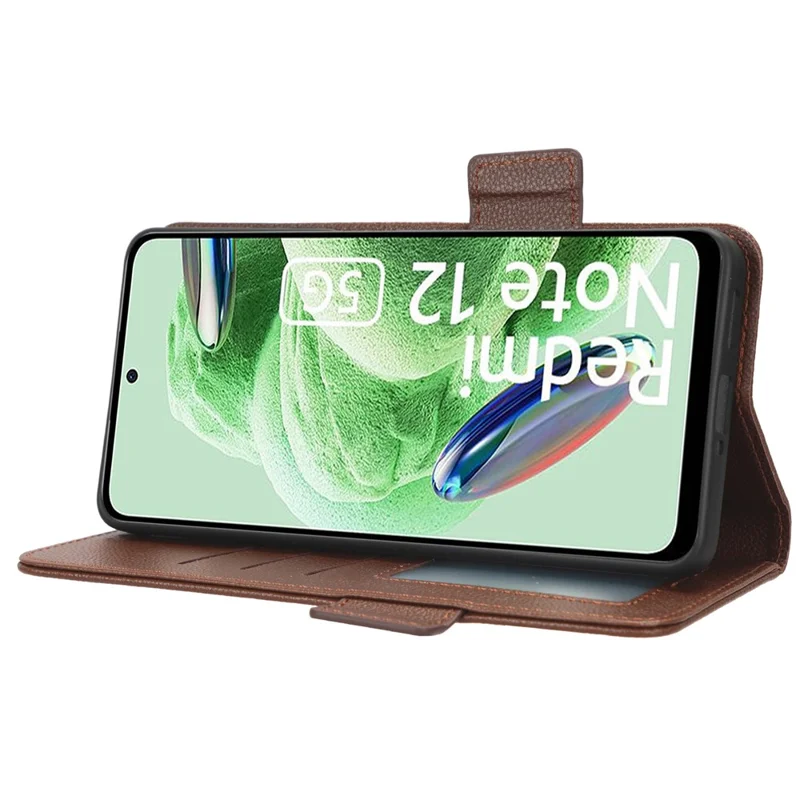 For Xiaomi Redmi Note 12 5G (Global) / (India) / (China) / Poco X5 5G Litchi Texture PU Leather Flip Phone Case Shockproof Magnetic View Stand Wallet Cover with Strap - Brown