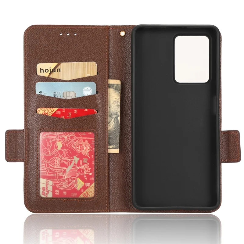 For Xiaomi Redmi Note 12 5G (Global) / (India) / (China) / Poco X5 5G Litchi Texture PU Leather Flip Phone Case Shockproof Magnetic View Stand Wallet Cover with Strap - Brown