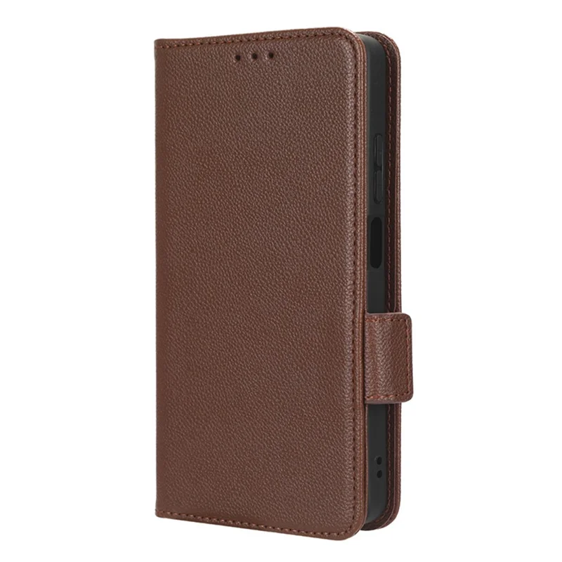 For Xiaomi Redmi Note 12 5G (Global) / (India) / (China) / Poco X5 5G Litchi Texture PU Leather Flip Phone Case Shockproof Magnetic View Stand Wallet Cover with Strap - Brown