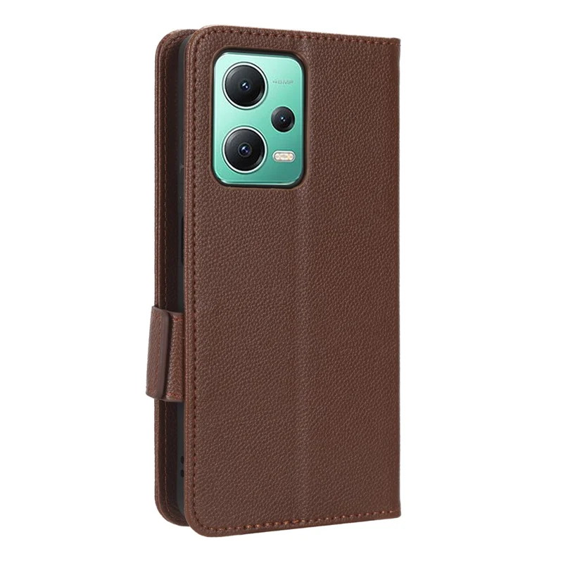 For Xiaomi Redmi Note 12 5G (Global) / (India) / (China) / Poco X5 5G Litchi Texture PU Leather Flip Phone Case Shockproof Magnetic View Stand Wallet Cover with Strap - Brown