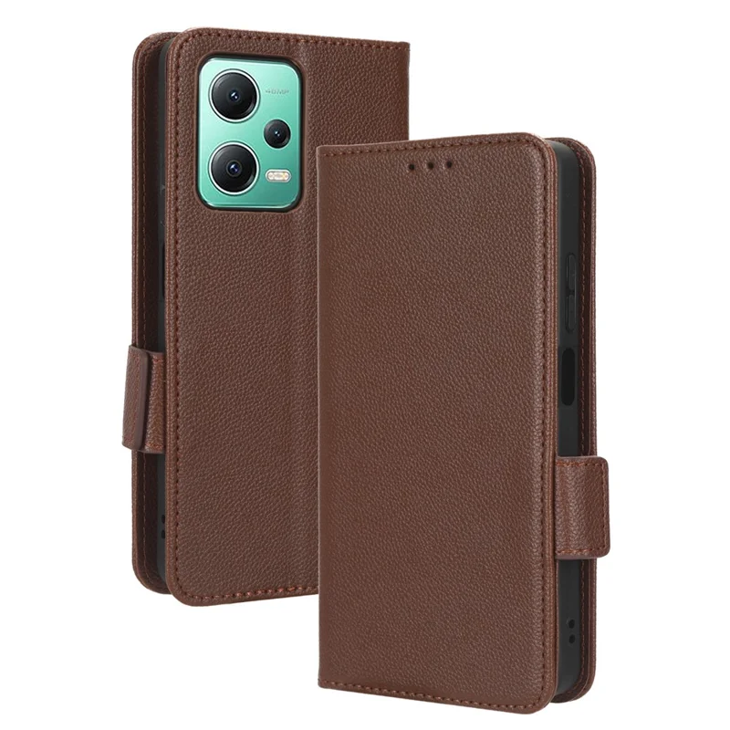 For Xiaomi Redmi Note 12 5G (Global) / (India) / (China) / Poco X5 5G Litchi Texture PU Leather Flip Phone Case Shockproof Magnetic View Stand Wallet Cover with Strap - Brown