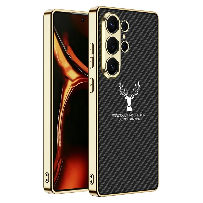 GKK Für Samsung Galaxy S26 Ultra Tasche Hirschmuster Verchromter Rahmen Leder TPU PC Handyhülle - Kohlefaser-Optik