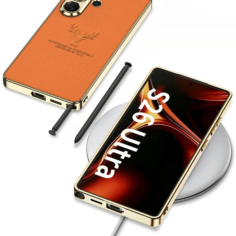 GKK Für Samsung Galaxy S26 Ultra Tasche Hirschmuster Verchromter Rahmen Leder TPU PC Handyhülle - Kohlefaser-Optik