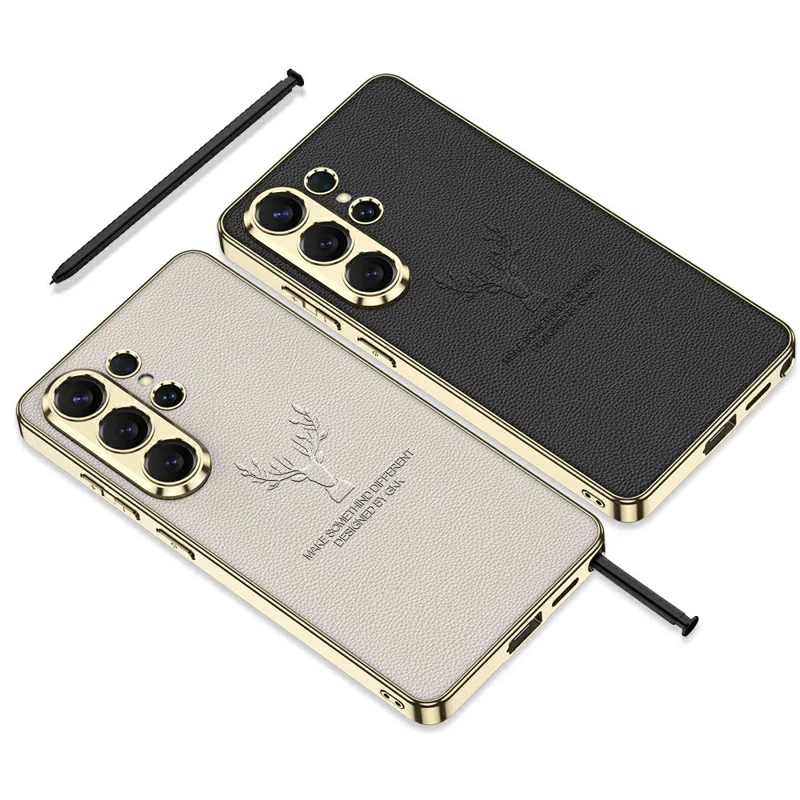 GKK Für Samsung Galaxy S26 Ultra Tasche Hirschmuster Verchromter Rahmen Leder TPU PC Handyhülle - Kohlefaser-Optik