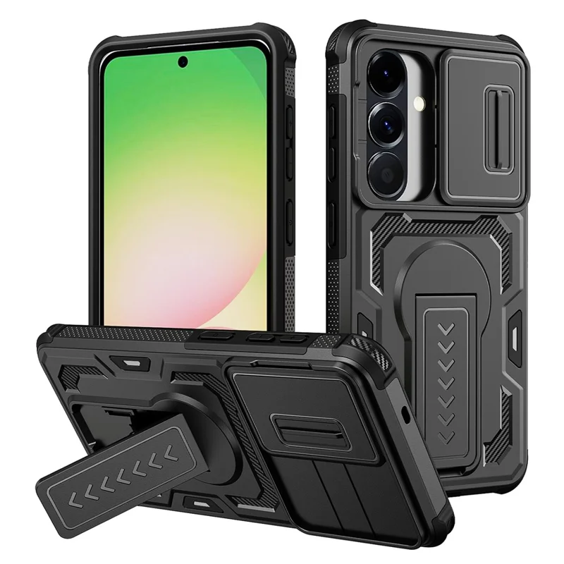 For Samsung Galaxy S26 / S26 Pro Case Slide Lens Shield PC + TPU Kickstand Phone Cover - Black