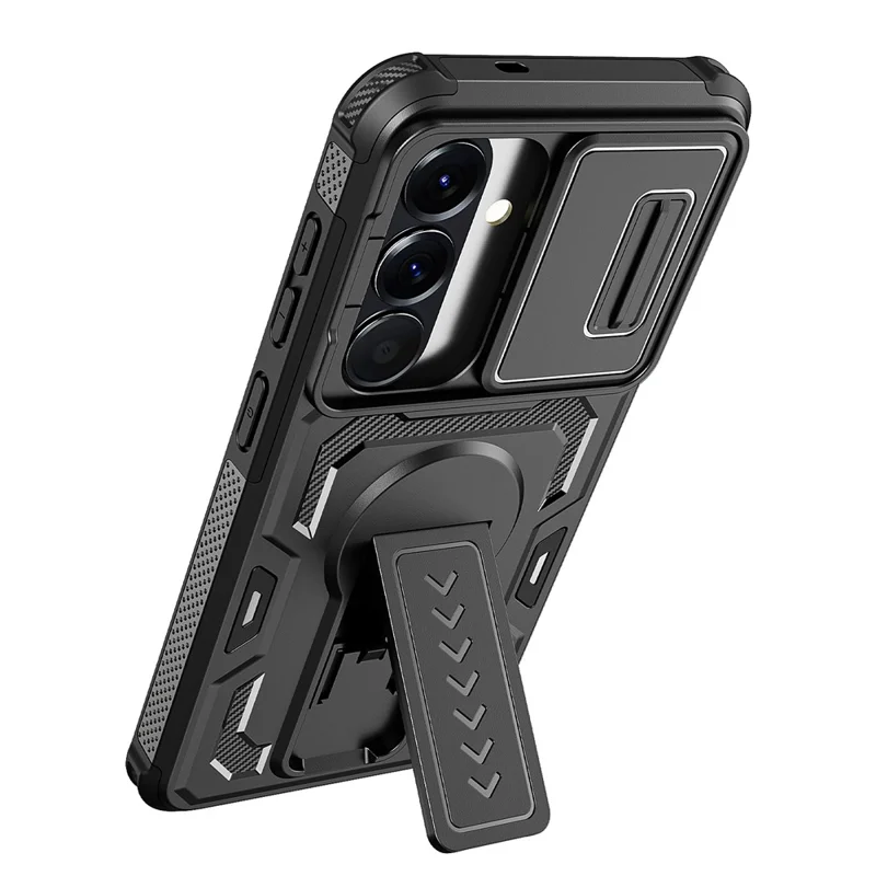 For Samsung Galaxy S26 / S26 Pro Case Slide Lens Shield PC + TPU Kickstand Phone Cover - Black