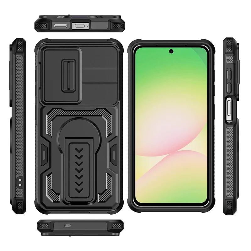 For Samsung Galaxy S26 / S26 Pro Case Slide Lens Shield PC + TPU Kickstand Phone Cover - Black