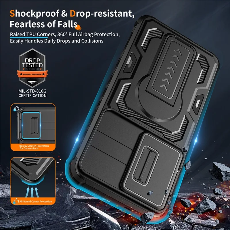 For Samsung Galaxy S26 / S26 Pro Case Slide Lens Shield PC + TPU Kickstand Phone Cover - Black