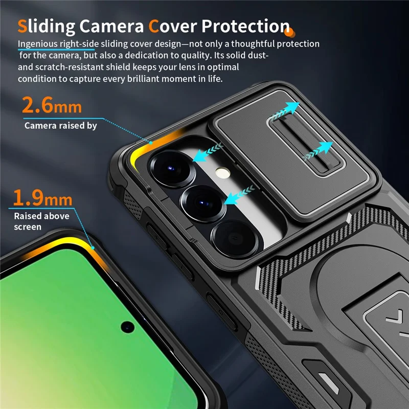 For Samsung Galaxy S26 / S26 Pro Case Slide Lens Shield PC + TPU Kickstand Phone Cover - Black