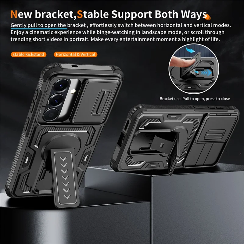 For Samsung Galaxy S26 / S26 Pro Case Slide Lens Shield PC + TPU Kickstand Phone Cover - Black