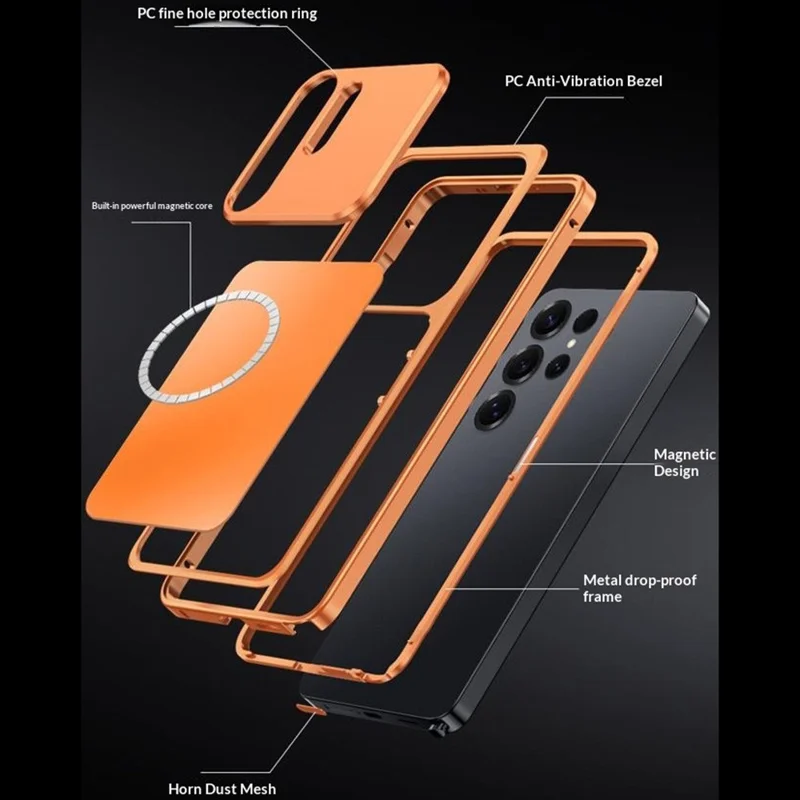 Étui magnétique pour Samsung Galaxy S23 Ultra avec cadre métallique, dos en PC et boucle à dégagement rapide - Orange