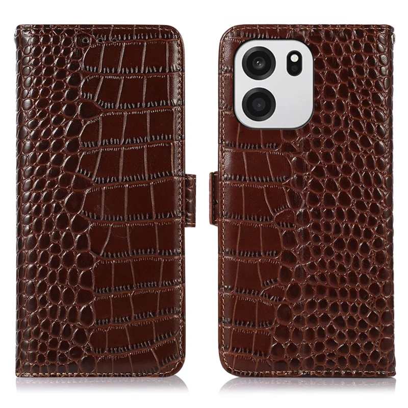 For OnePlus Turbo 6V 5G / Turbo 6 5G Case RFID Blocking Wallet Crocodile Texture Genuine Cow Leather Phone Cover - Brown