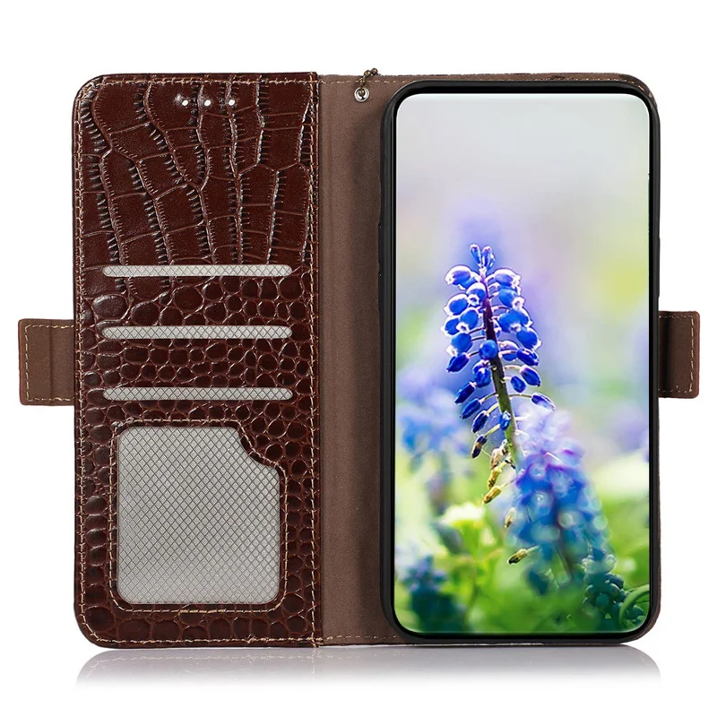 For OnePlus Turbo 6V 5G / Turbo 6 5G Case RFID Blocking Wallet Crocodile Texture Genuine Cow Leather Phone Cover - Brown