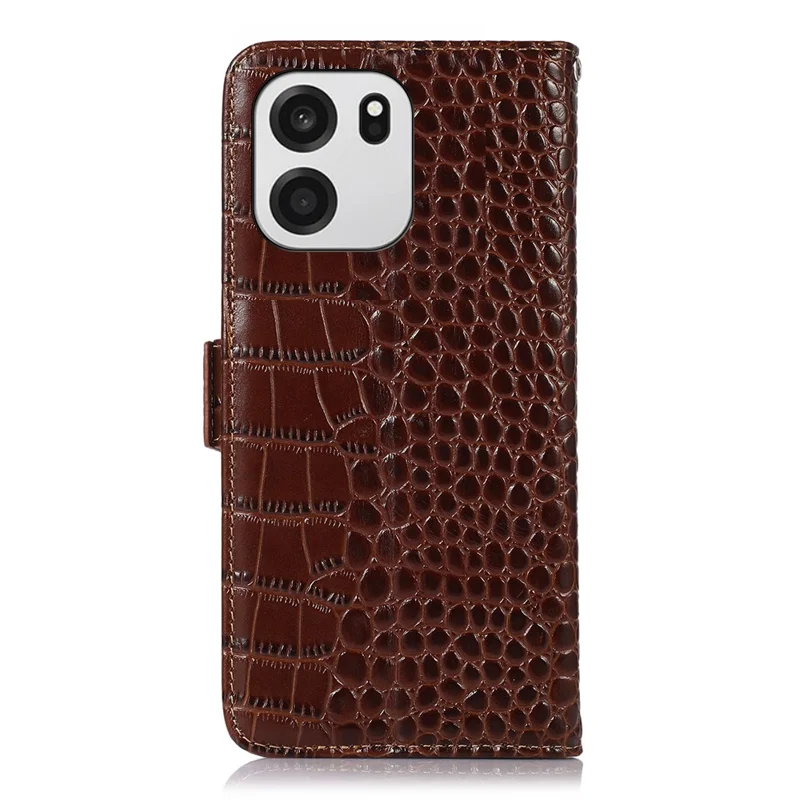 For OnePlus Turbo 6V 5G / Turbo 6 5G Case RFID Blocking Wallet Crocodile Texture Genuine Cow Leather Phone Cover - Brown