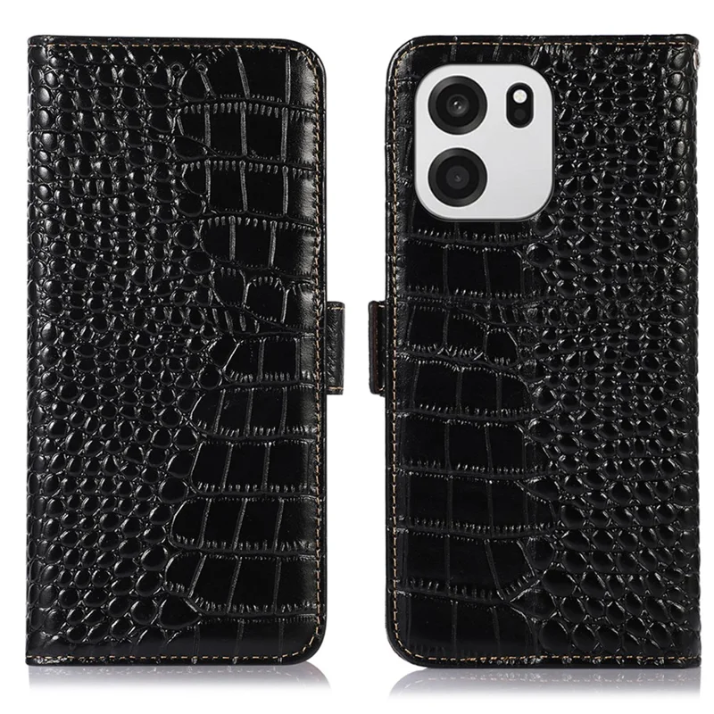 For OnePlus Turbo 6V 5G / Turbo 6 5G Case RFID Blocking Wallet Crocodile Texture Genuine Cow Leather Phone Cover - Black