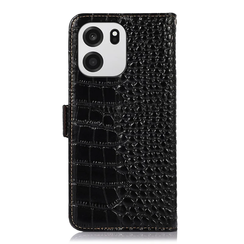 For OnePlus Turbo 6V 5G / Turbo 6 5G Case RFID Blocking Wallet Crocodile Texture Genuine Cow Leather Phone Cover - Black