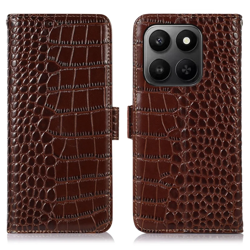Étui en cuir de vache véritable pour Honor 400 Smart 4G / 400 Smart 5G / X7d 5G / X7d 4G, portefeuille avec blocage RFID, texture crocodile - Marron