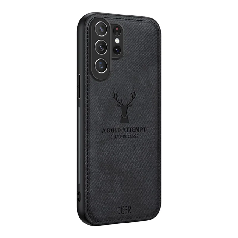 For Samsung Galaxy S26 Ultra Case Deer Pattern Cloth Texture PU + PC + TPU Phone Cover - Black