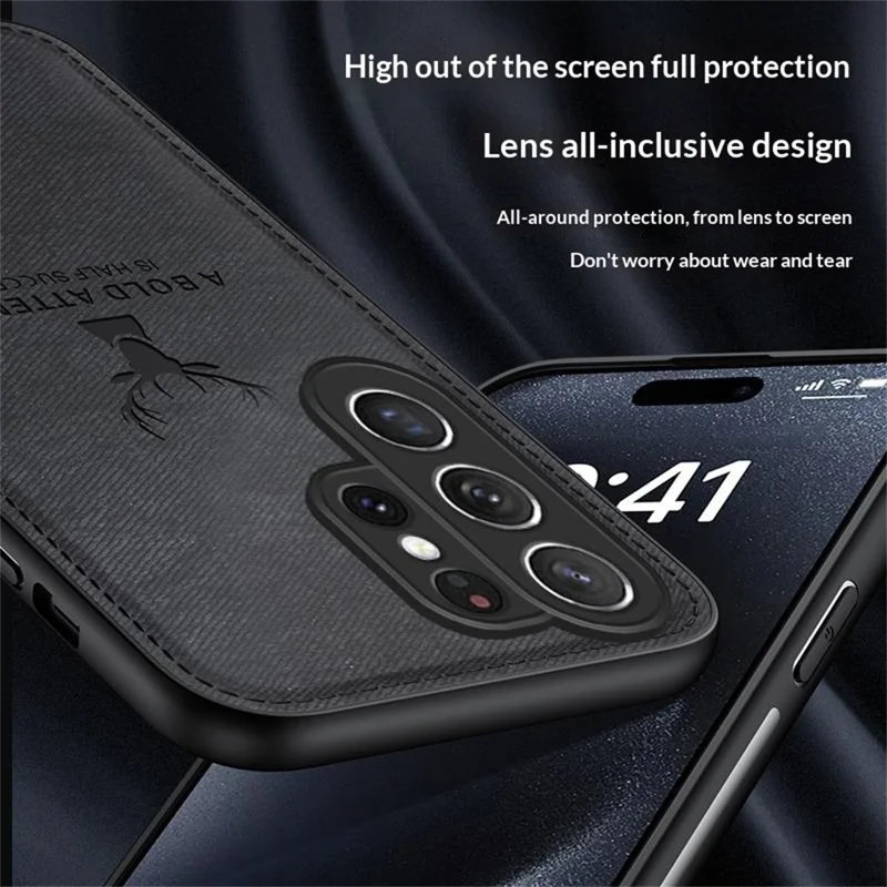For Samsung Galaxy S26 Ultra Case Deer Pattern Cloth Texture PU + PC + TPU Phone Cover - Black
