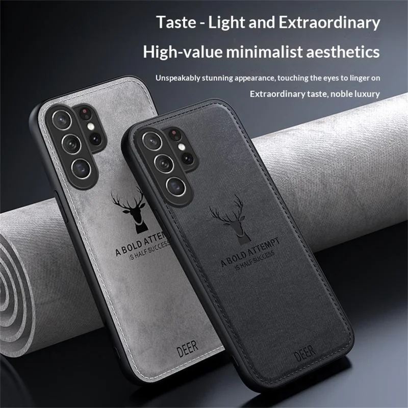 For Samsung Galaxy S26 Ultra Case Deer Pattern Cloth Texture PU + PC + TPU Phone Cover - Black