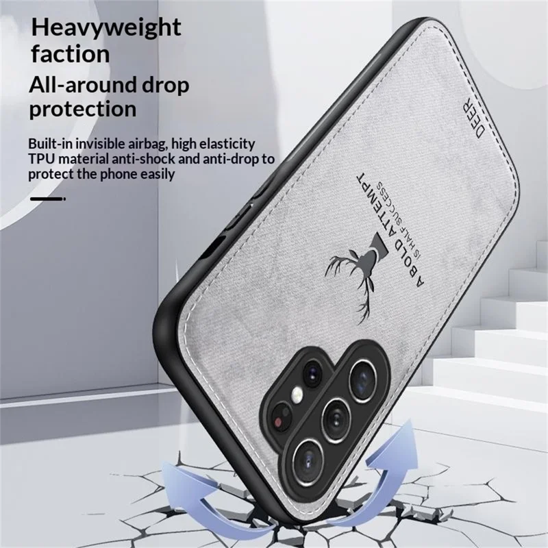 For Samsung Galaxy S26 Ultra Case Deer Pattern Cloth Texture PU + PC + TPU Phone Cover - Black