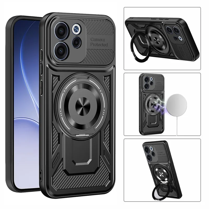 For Oppo Reno15 F 5G Magnetic Case Rotating Kickstand TPU + PC Phone Cover - Black