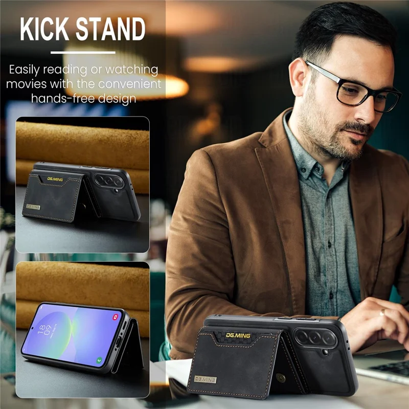 DG.MING M2 Series for Samsung Galaxy A37 5G Magnetic Case PU + PC + TPU Phone Cover Detachable Wallet Kickstand - Black