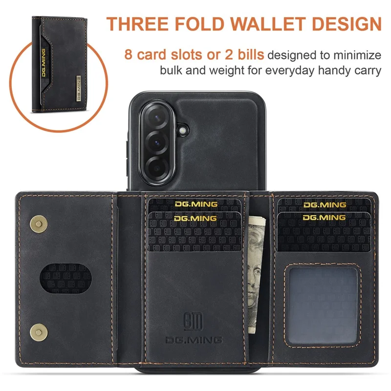 DG.MING M2 Series for Samsung Galaxy A37 5G Magnetic Case PU + PC + TPU Phone Cover Detachable Wallet Kickstand - Black