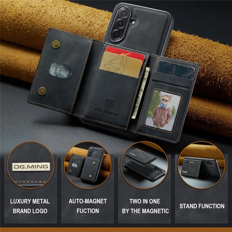 DG.MING M2 Series for Samsung Galaxy A37 5G Magnetic Case PU + PC + TPU Phone Cover Detachable Wallet Kickstand - Black
