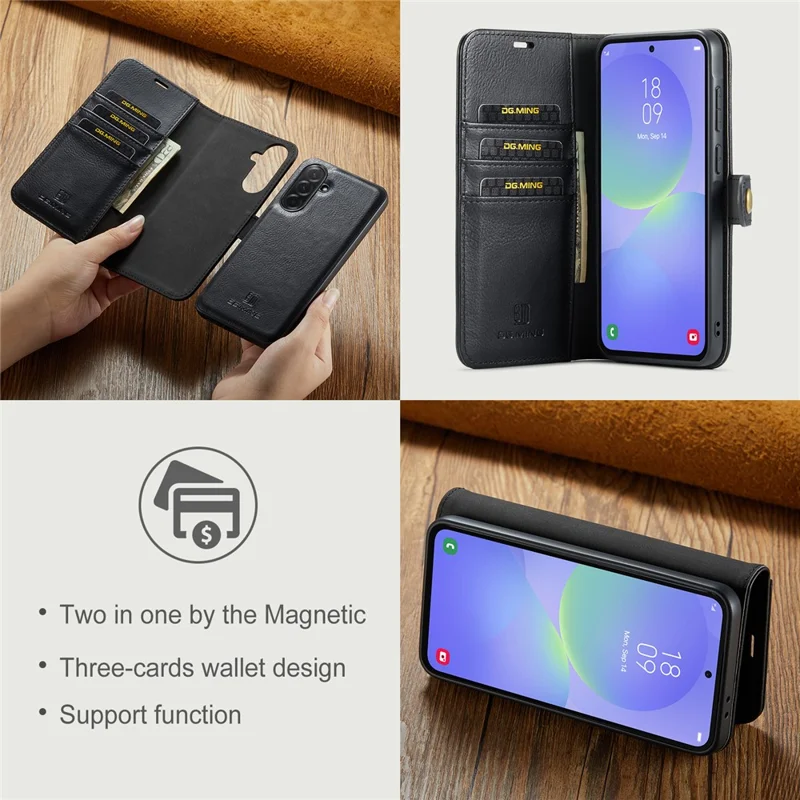 DG.MING for Samsung Galaxy A37 5G Case Detachable Wallet Stand Split Leather Phone Cover - Black