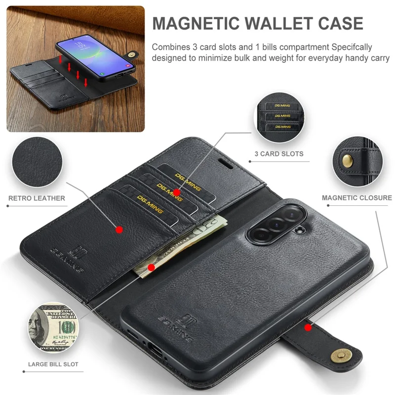 DG.MING for Samsung Galaxy A37 5G Case Detachable Wallet Stand Split Leather Phone Cover - Black
