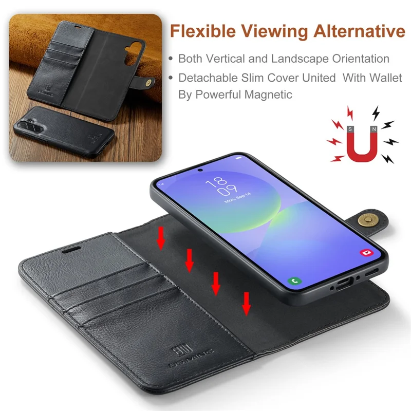 DG.MING for Samsung Galaxy A37 5G Case Detachable Wallet Stand Split Leather Phone Cover - Black