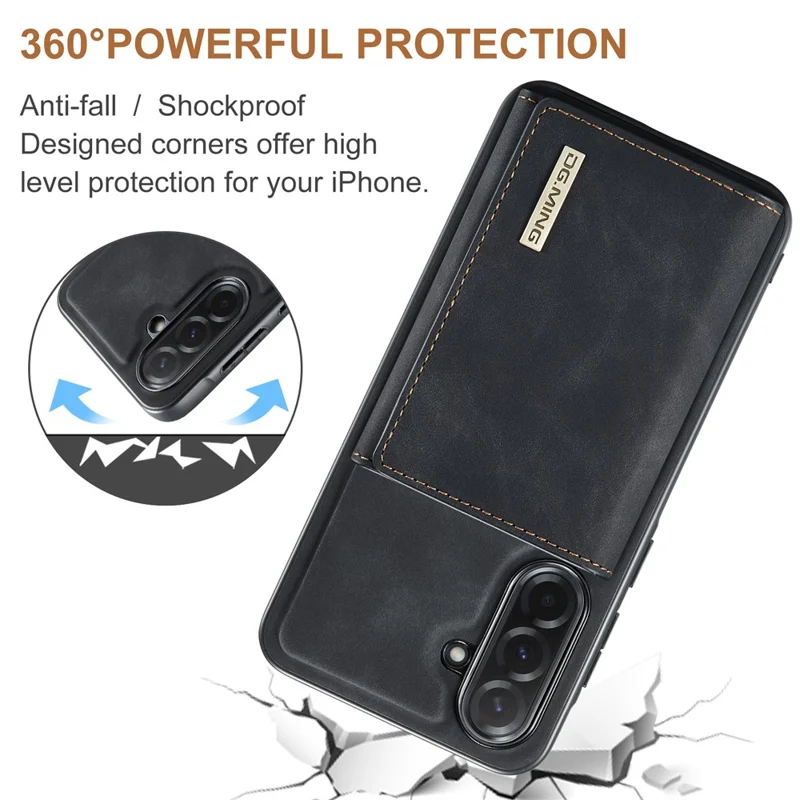 DG.MING M1 Series for Samsung Galaxy A37 5G Phone Case PU + TPU + PC Back Cover with Magnetic Tri-Fold Wallet Kickstand - Black