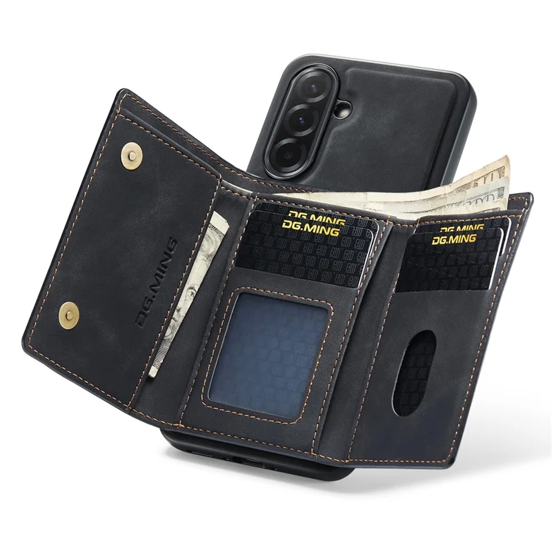 DG.MING M1 Series for Samsung Galaxy A37 5G Phone Case PU + TPU + PC Back Cover with Magnetic Tri-Fold Wallet Kickstand - Black