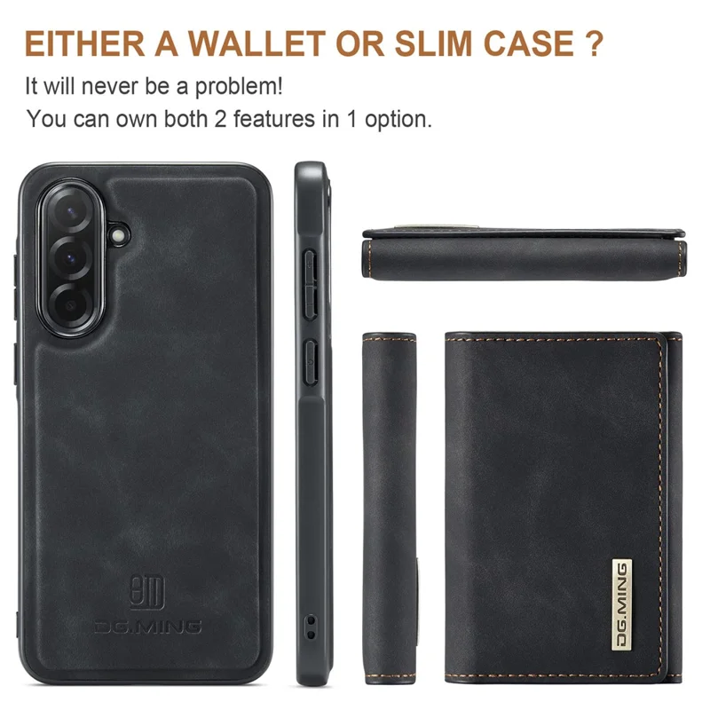 DG.MING M1 Series for Samsung Galaxy A37 5G Phone Case PU + TPU + PC Back Cover with Magnetic Tri-Fold Wallet Kickstand - Black